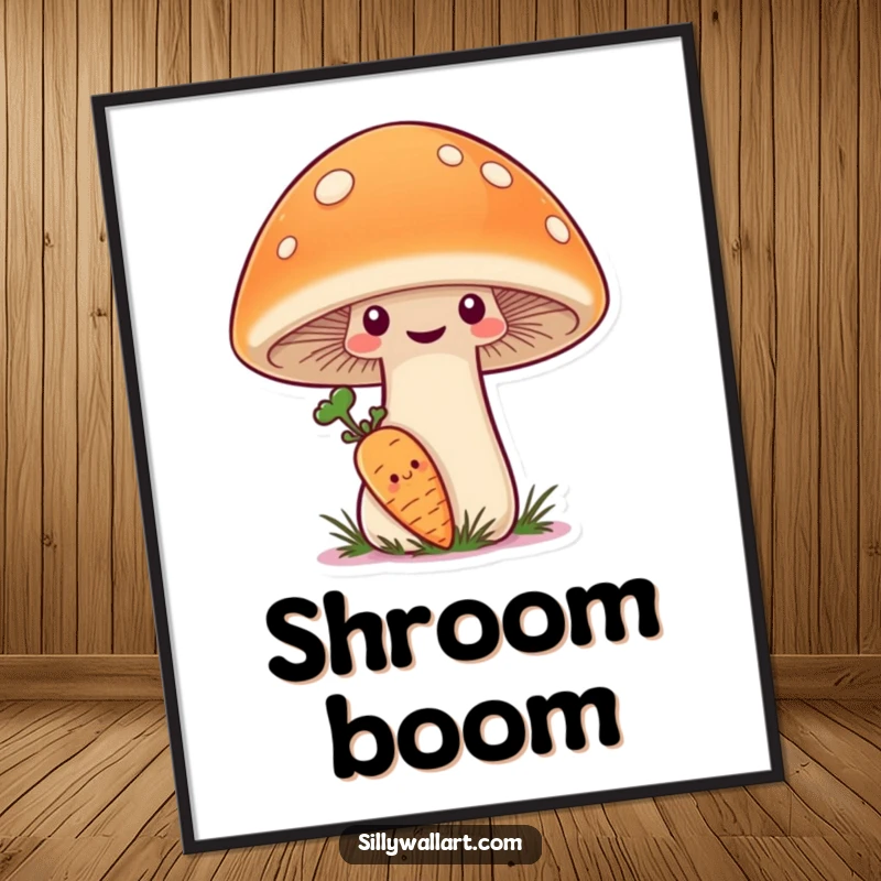 Funny Digital Art Print of a shy carrot hiding behind a giant, smiling mushroom, great for wall decor.