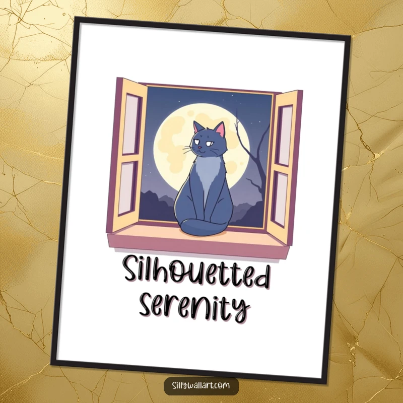 Funny cat silhouetted on a window sill against a moon, offered as a digital art print for serene and humorous decor.