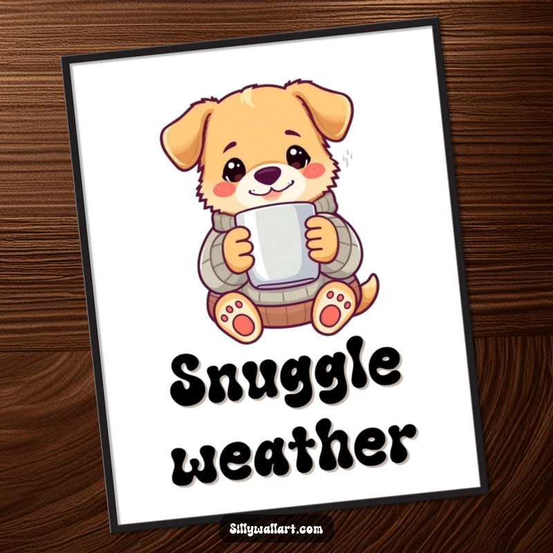 Funny dog wearing a sweater and holding a steaming mug, as downloadable digital art.