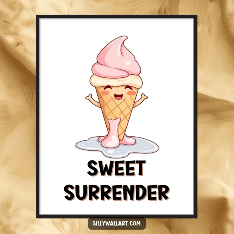 Funny ice cream digital art print of a giggling cone melting into a puddle with a shrug, sweet and humorous.