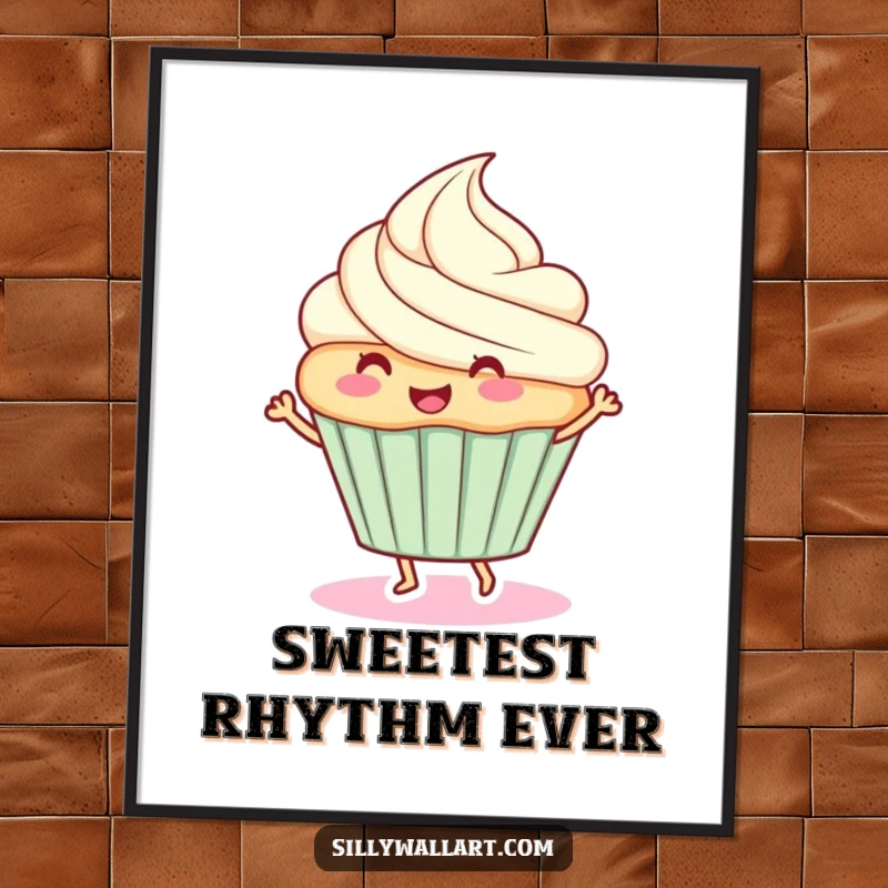 Funny digital art print: A happy cupcake dancing, bringing instant sweet joy and humor to any room.