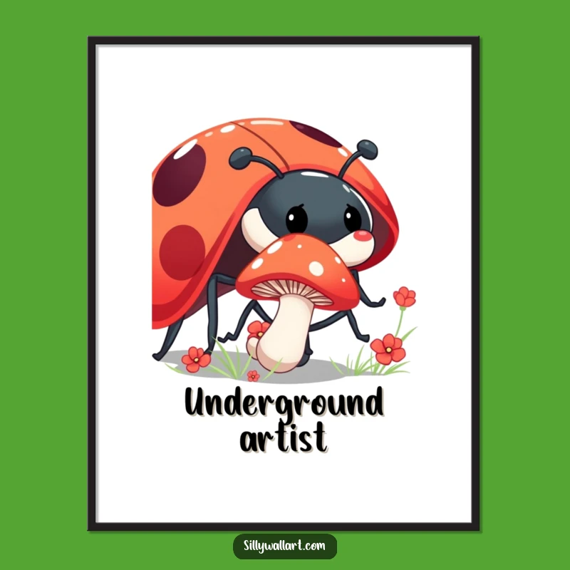 Funny Shy Mushroom Digital Art: Ladybug Print, Whimsical Nature Decor Funny Gift