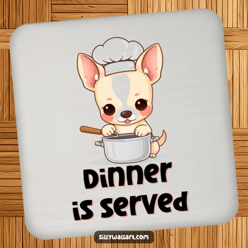 Funny drink coasters with a chihuahua in a chef hat, stirring a miniature pot. Protects surfaces with culinary flair.