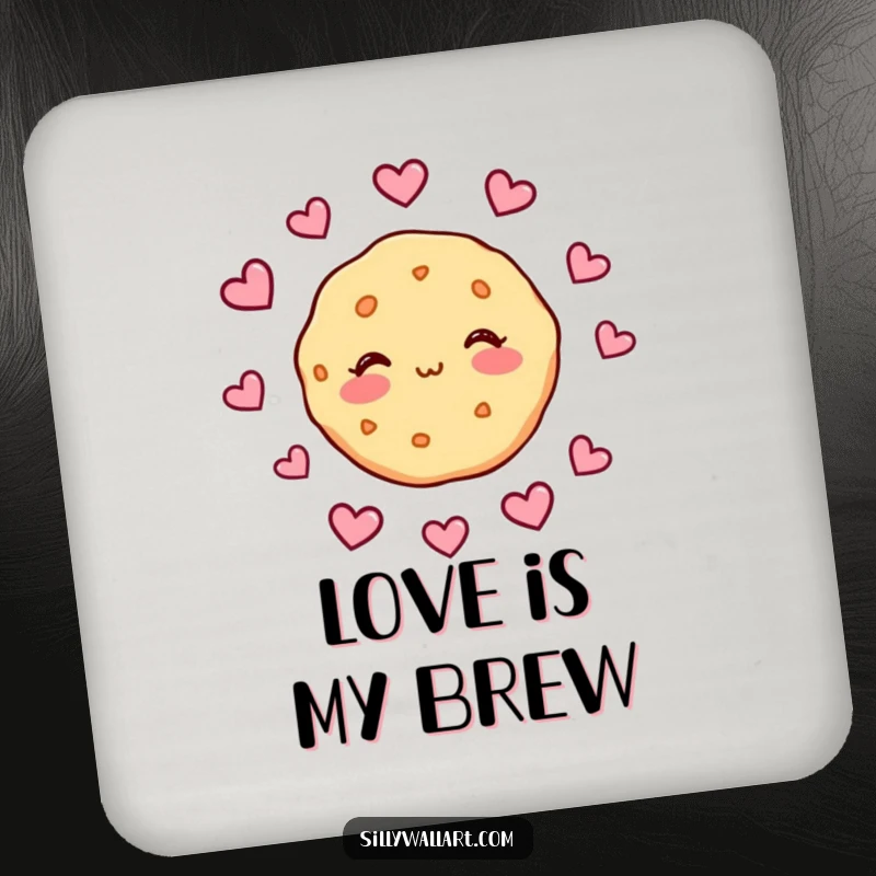 Funny drink coaster featuring a blushing cookie with hearts floating around, protecting surfaces with a sweet and humorous romantic theme.