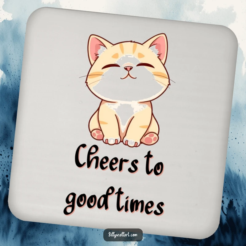 Funny drink coaster featuring a contented cat purring loudly while being stroked, its face radiating pure bliss, protecting furniture.