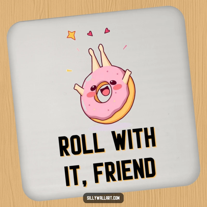Funny drink coaster featuring a happy donut doing a somersault, protecting surfaces with a sweet and humorous flair.