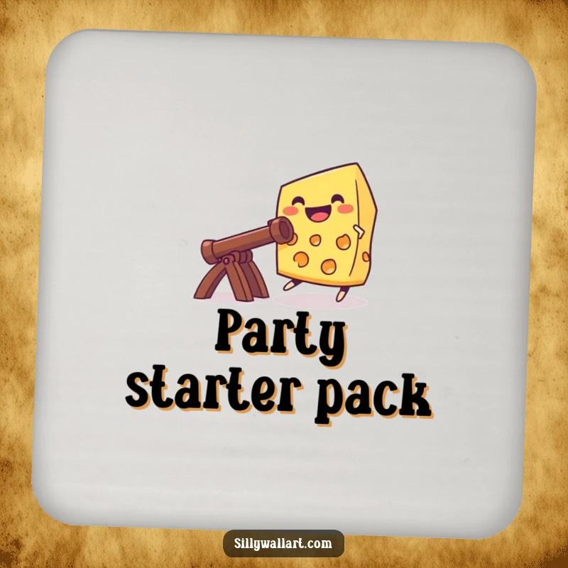 Funny grinning cheese launching from a catapult, designed as a drink coaster for humorous surface protection.