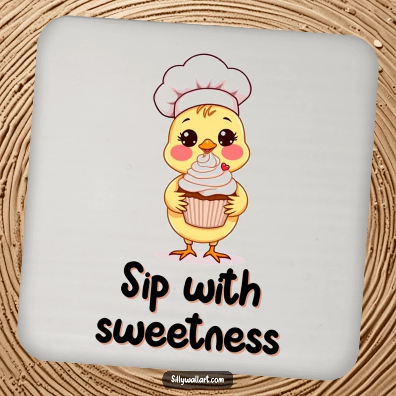 Funny Chick Chef Coaster featuring a sweet chick chef proudly presenting a decorated cupcake, perfect for tabletops.