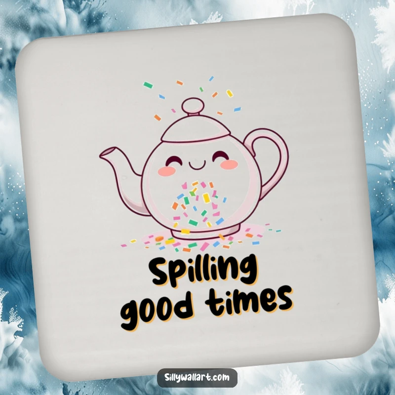 Funny drink coasters showcasing a cheerful teapot pouring a vibrant stream of colorful confetti, adding festive charm.