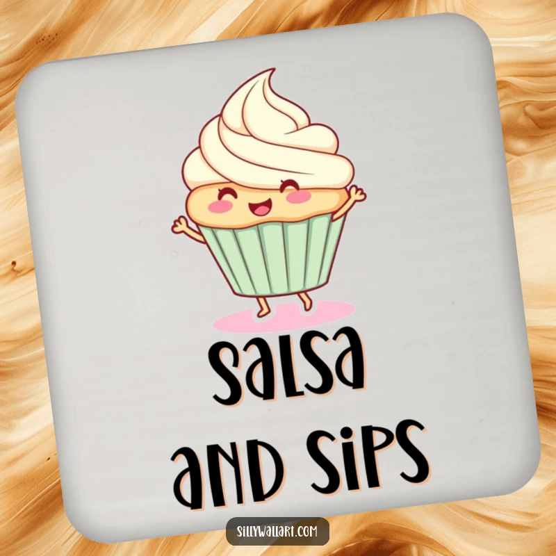 Funny coaster: A happy cupcake dancing merrily, adding a sweet and humorous touch to any drink setting.