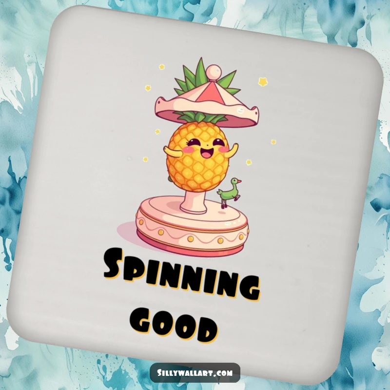 Funny Coaster with a dizzy pineapple spinning wildly on a carousel, protecting surfaces with fun.