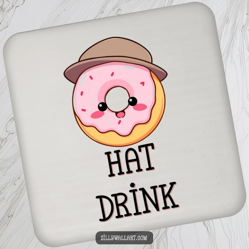 Funny drink coasters: Round donut comically struggling with a tiny hat, protecting surfaces with sweet humor.