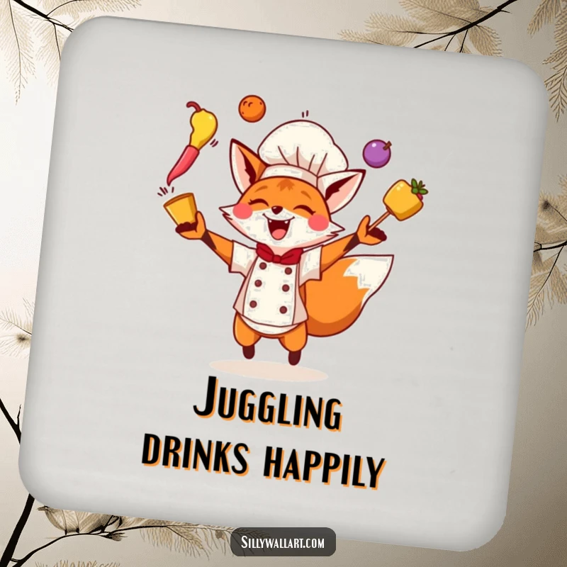 Funny Fox Chef Coaster showing an energetic fox chef juggling colorful ingredients, perfect for tabletops.