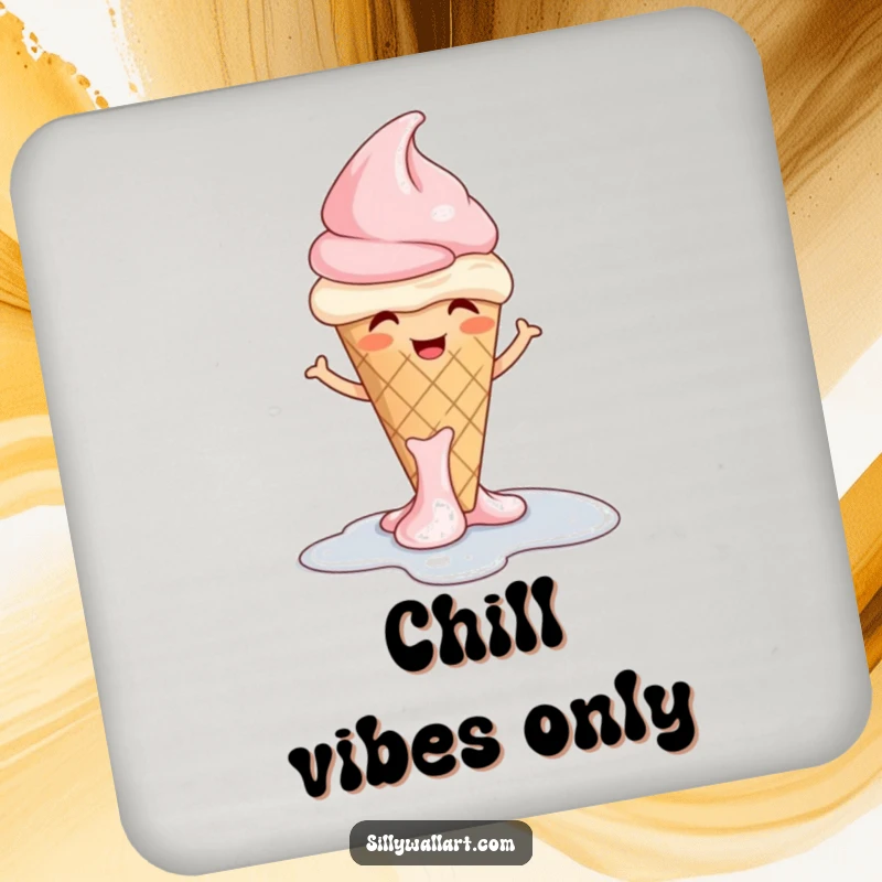 Funny ice cream coaster featuring a giggling cone melting into a puddle with a shrug, protecting surfaces humorously.