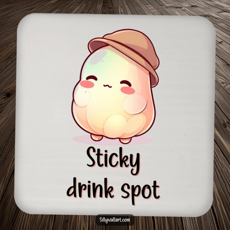 Funny jelly blob coaster featuring a jiggly character uncontrollably wobbling while trying to wear a tiny hat, adding humor to tables.