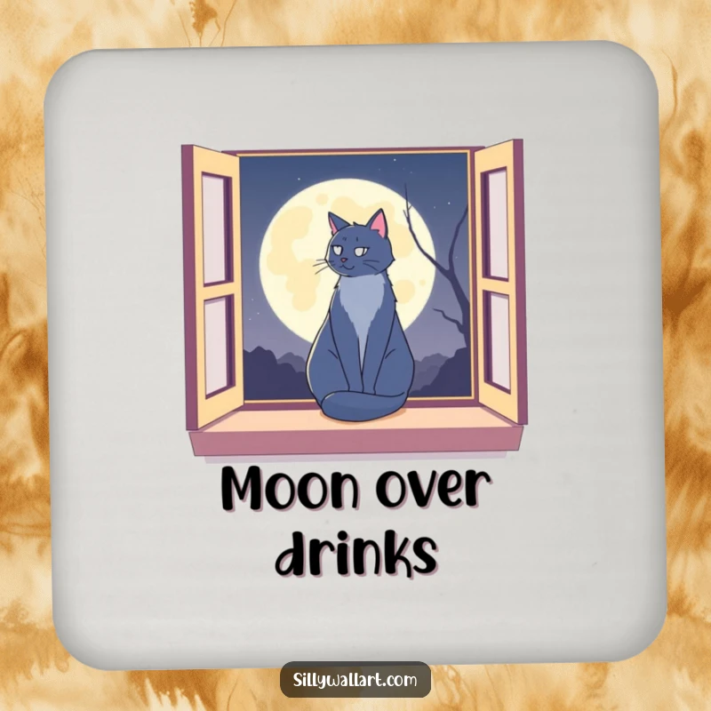 Funny cat silhouette on a window sill against a moon on drink coasters, providing humorous protection with lunar ambiance.