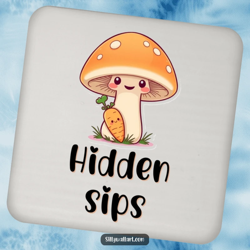 Funny Coaster with a shy carrot hiding behind a giant, smiling mushroom, protecting surfaces with charm.