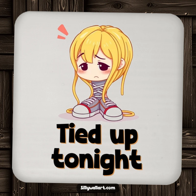 Funny drink coasters featuring a confused spaghetti noodle comically struggling to tie shoelaces, protecting surfaces.