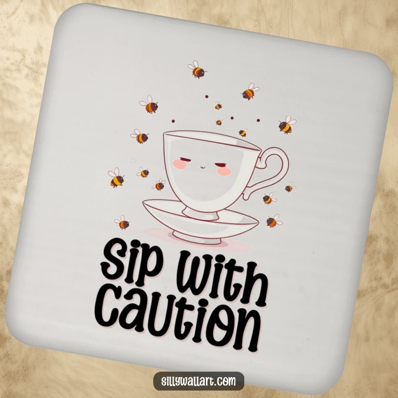 Funny teacup character, flustered while juggling bees, printed on a protective drink coaster for tables.