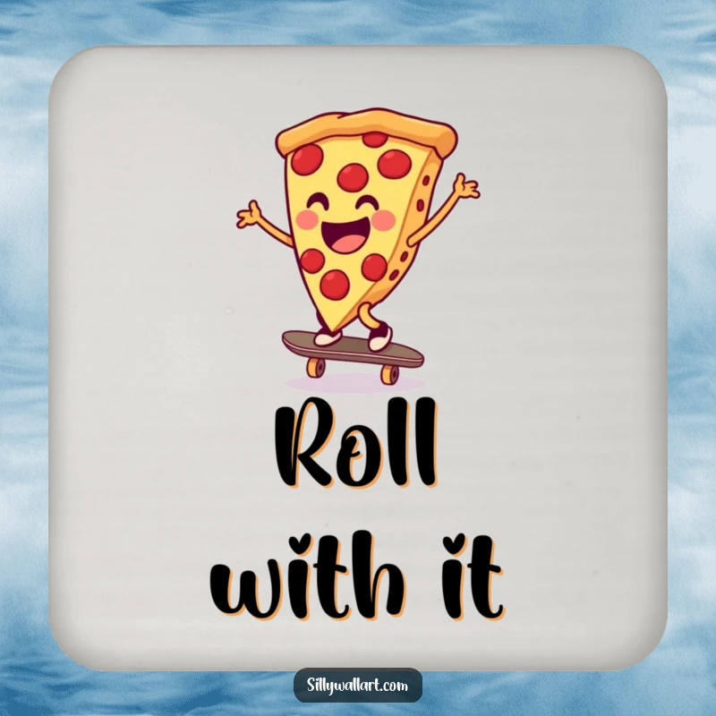 Funny pizza slice doing a cartwheel on a skateboard, designed as a drink coaster to add humorous protection to surfaces.