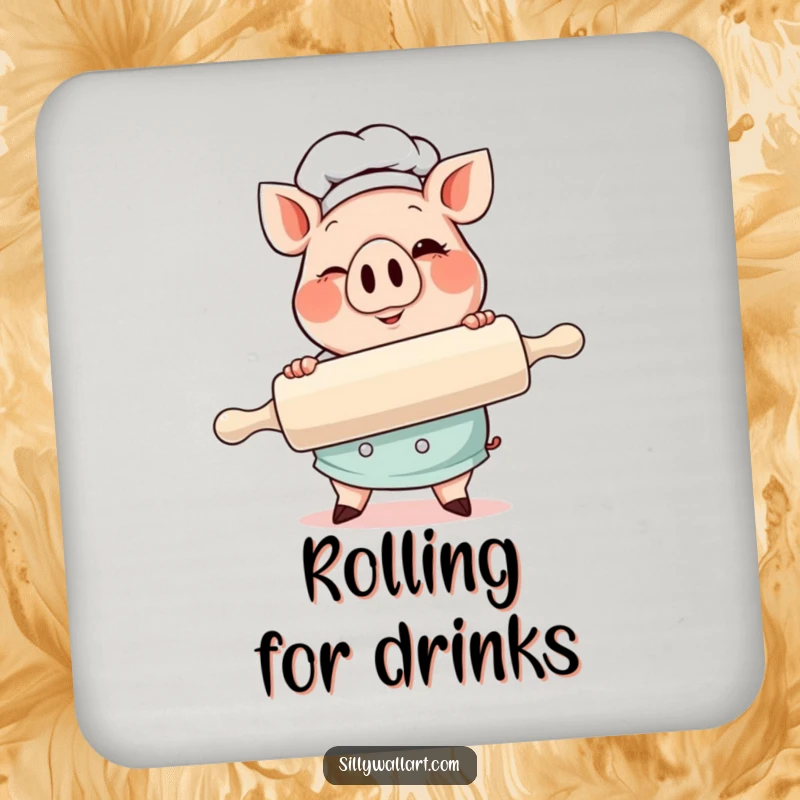 Funny Pig Chef Coaster with a cheerful, winking pig chef holding a large rolling pin, perfect for tabletops.