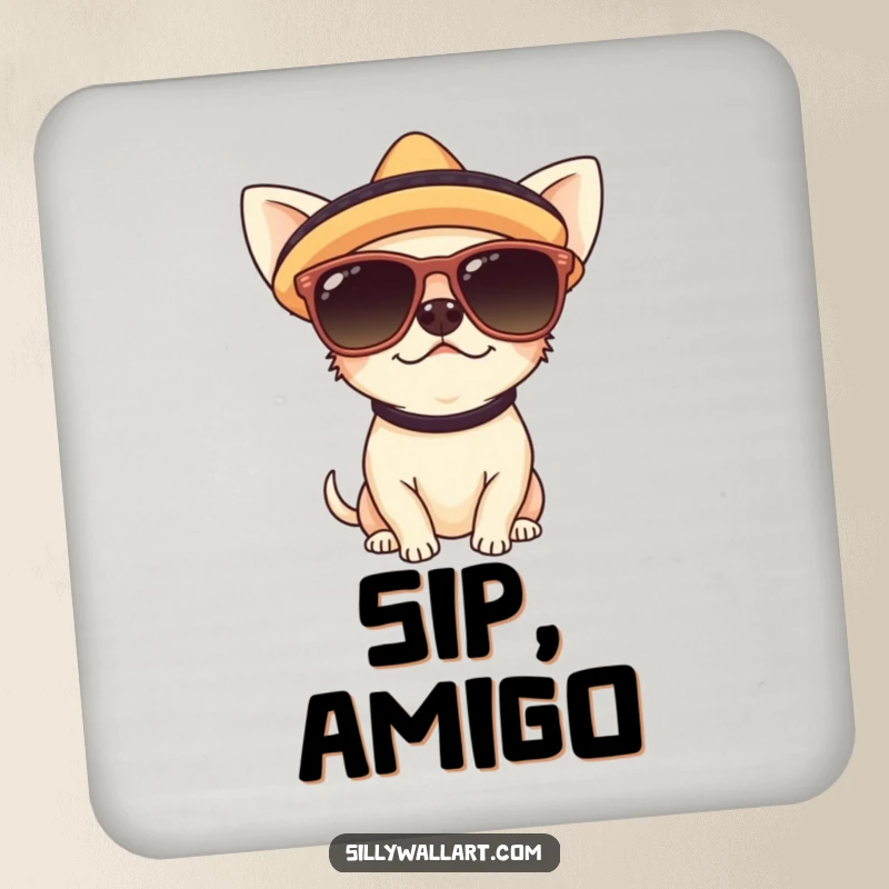 Funny drink coaster with a cute chihuahua wearing sunglasses and a sombrero, adding festive humor to any surface.
