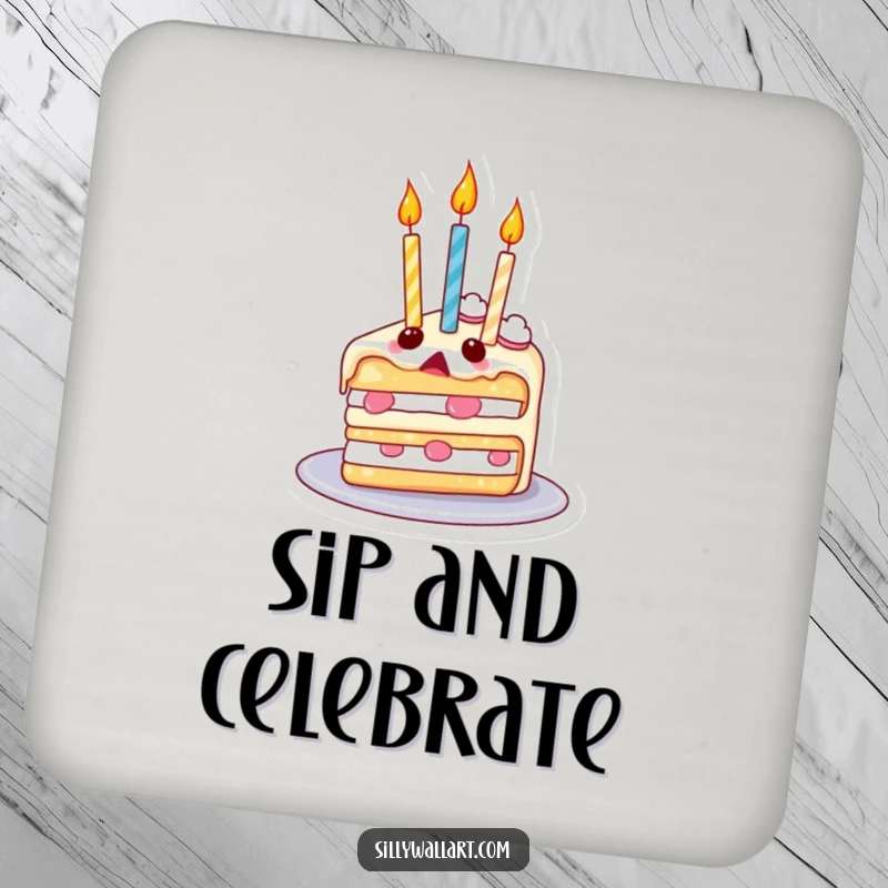 Funny drink coaster with a surprised slice of cake, its candles floating upwards like balloons, protecting surfaces with sweet whimsy.