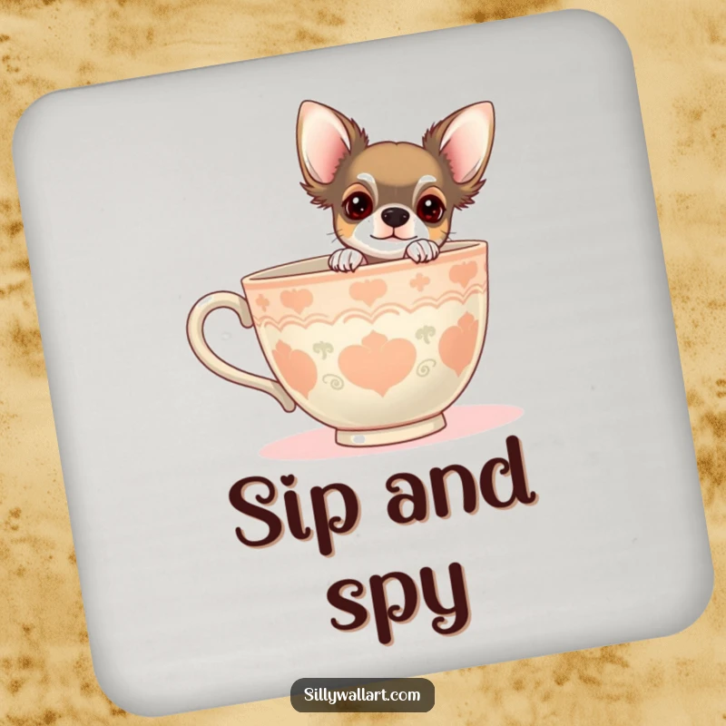 Funny drink coasters with a chihuahua peeking from behind a giant teacup. Protects surfaces with adorable charm.