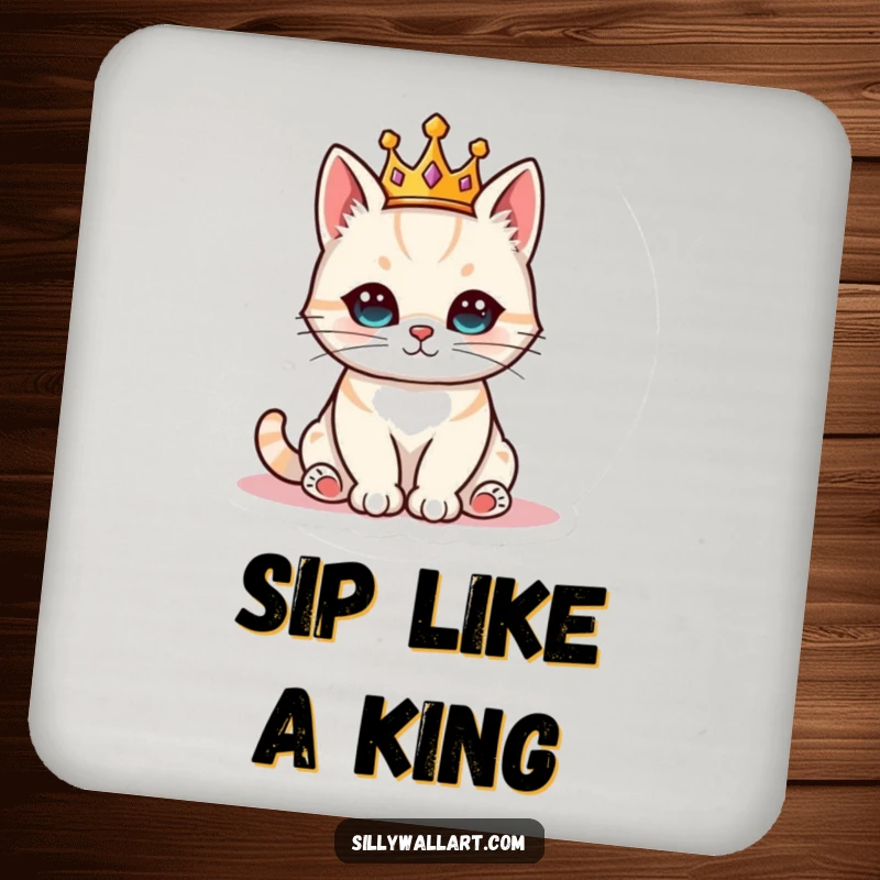 Funny cat wearing a tiny crown, sitting regally on drink coasters, providing humorous protection with royal charm.