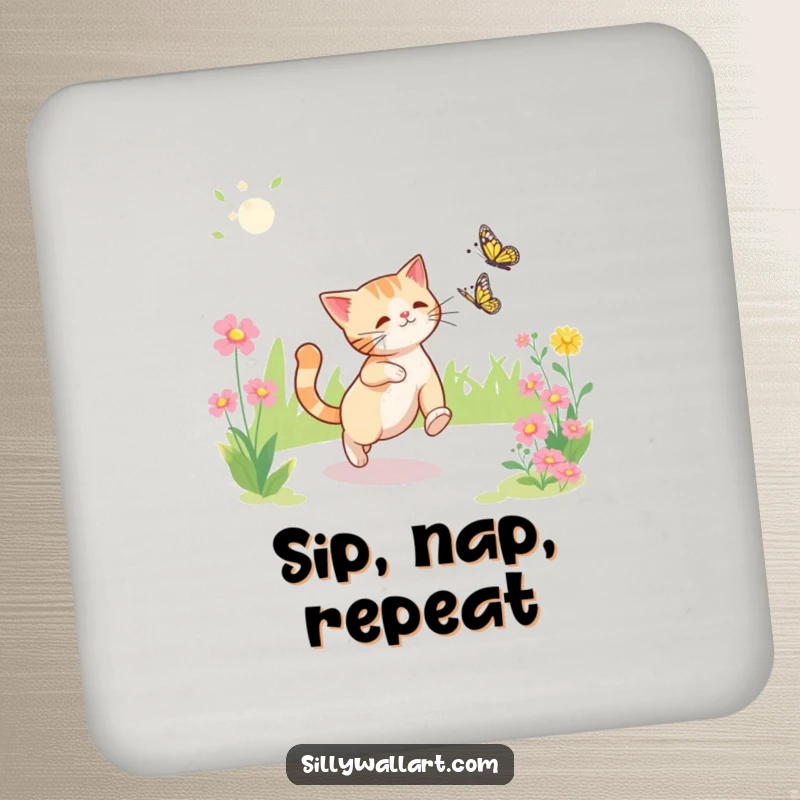 Funny coasters displaying a cat chasing a butterfly in a bright garden, adding humor to table settings.