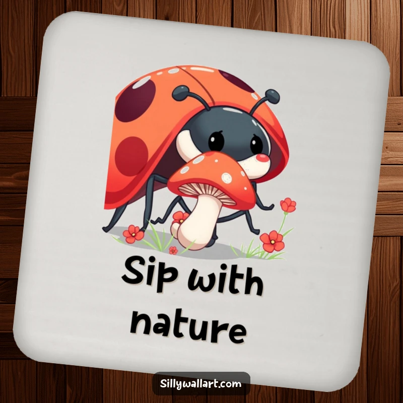 Funny shy mushroom coaster featuring a mushroom peeking from behind a giant, laughing ladybug, protecting surfaces humorously.