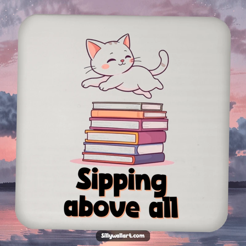 Funny drink coaster featuring a sleek cat leaping gracefully over books, protecting furniture with agile style.