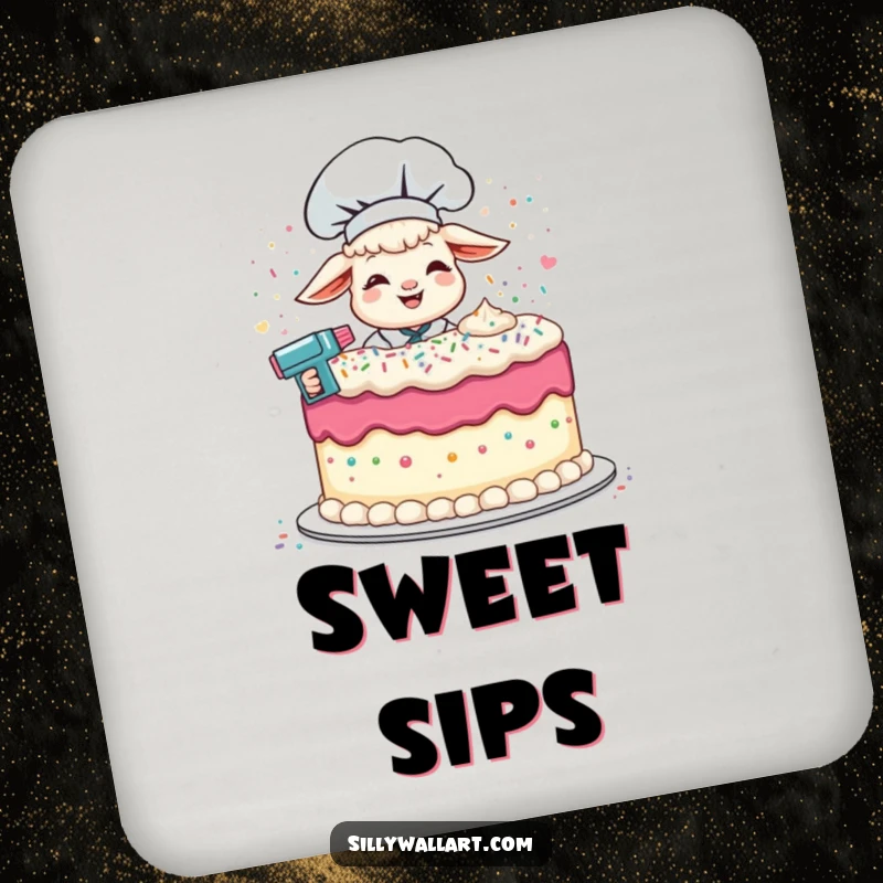 Funny coaster set with giggling lamb chefs frosting cakes with sprinkle guns, protecting surfaces with baking humor.