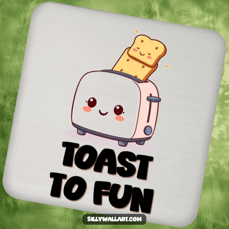 Funny drink coaster, a smiling toaster launching toast, adding breakfast humor to tables.