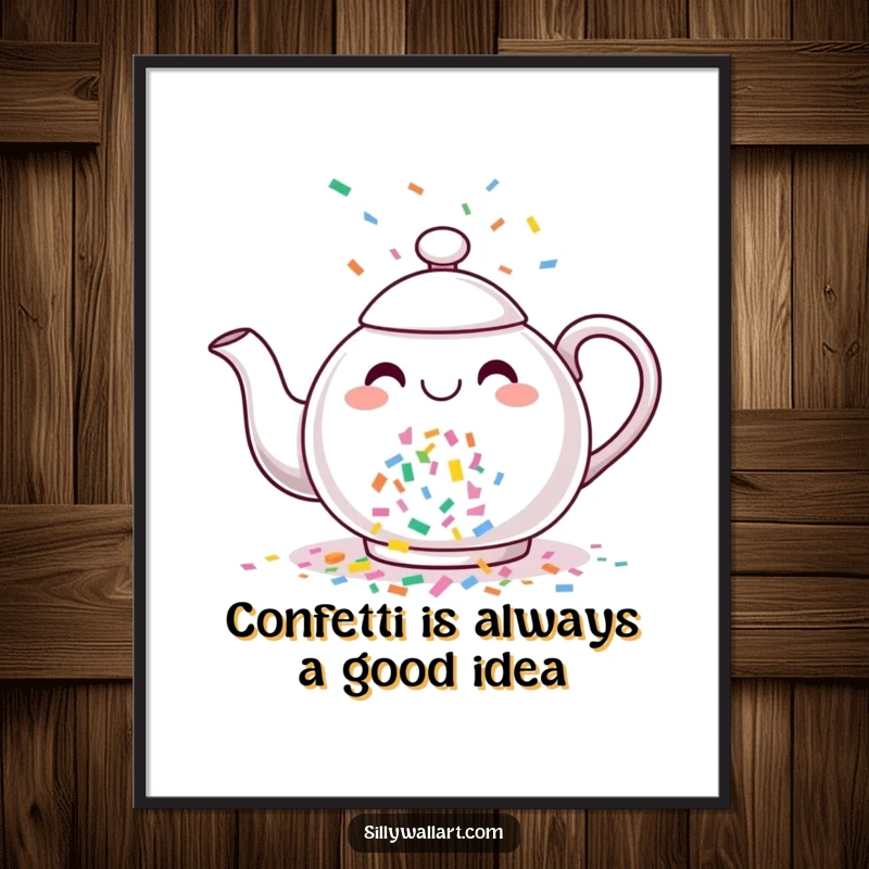 Funny poster art of a cheerful teapot elegantly pouring a delightful cascade of colorful confetti, perfect for festive decor.