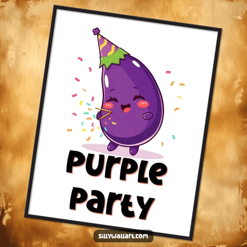 Funny poster art of a beaming eggplant wearing a party hat and joyfully blowing a confetti popper, adding vibrant celebration to decor.