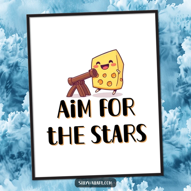 Funny grinning cheese piece launching from a catapult, presented as vibrant wall art for humorous and adventurous decor.