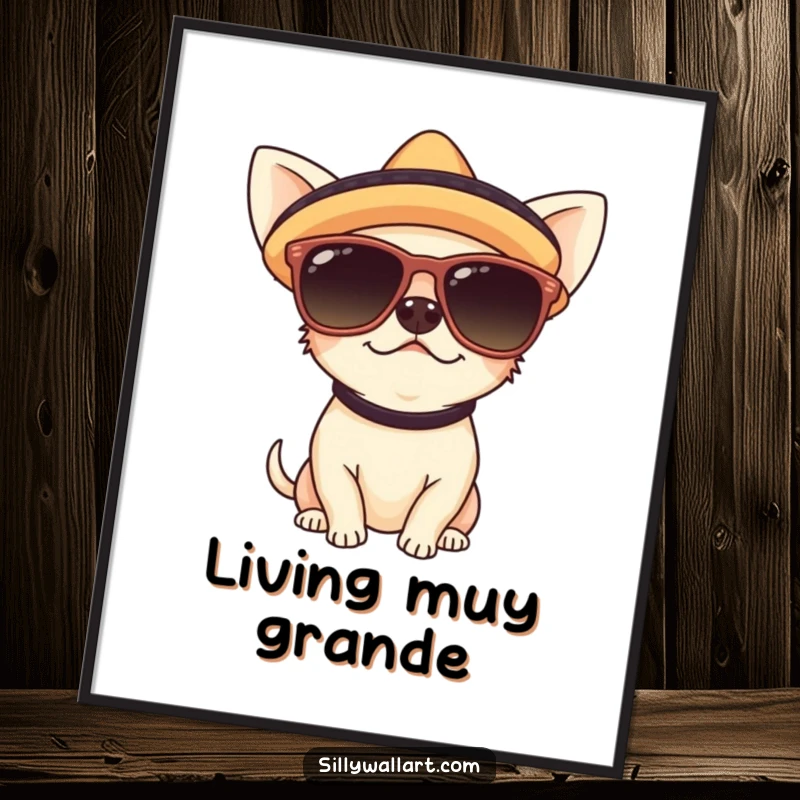 Funny poster showcasing a cute chihuahua wearing oversized sunglasses and a tiny sombrero, exuding coolness and fiesta spirit.