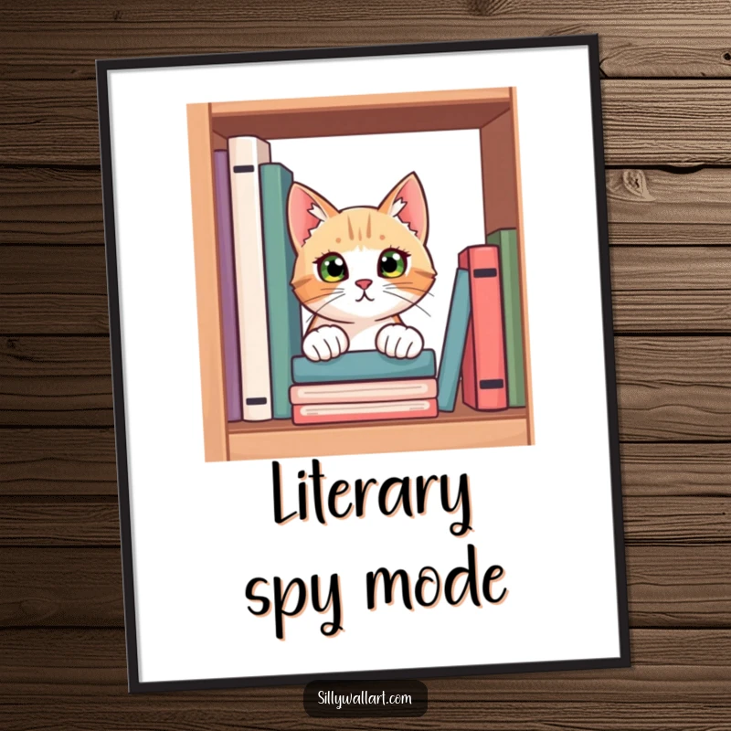 Funny poster featuring a curious cat peeking from behind a bookshelf, its eyes wide with wonder, inviting viewers into the literary world.