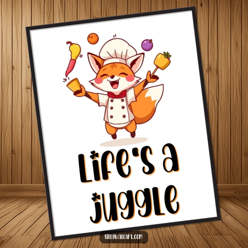 Funny Fox Chef Poster illustrating an energetic fox chef expertly juggling three colorful ingredients with pure excitement.