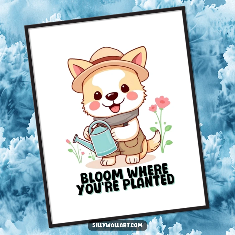 Funny gardener dog poster, cheerful dog in gardening attire holding a watering can, humorous wall art.