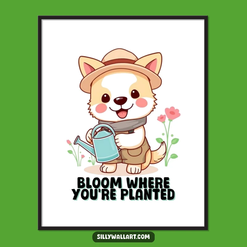 Funny Gardener Dog Poster: Cheerful Bloom Art, Hilarious Wall Decor