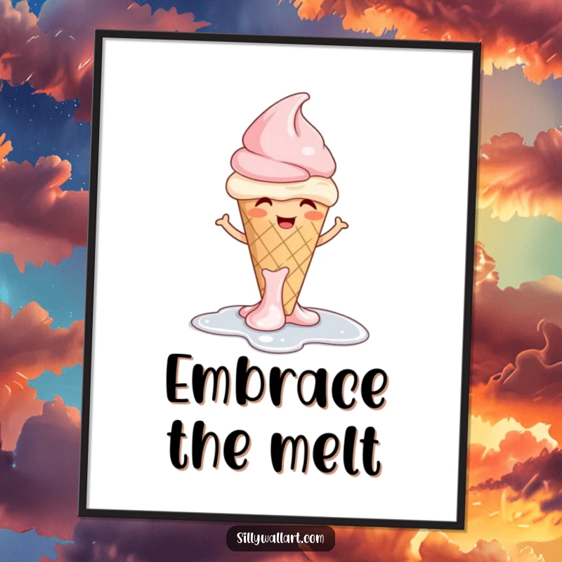 Funny ice cream poster showcasing a giggling cone melting into a puddle with a shrug, perfect for whimsical wall decor.