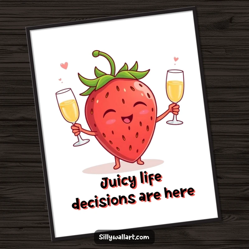 Funny poster print of an ecstatic strawberry juggling champagne glasses, bringing a vibrant, humorous, and celebratory vibe to any room.
