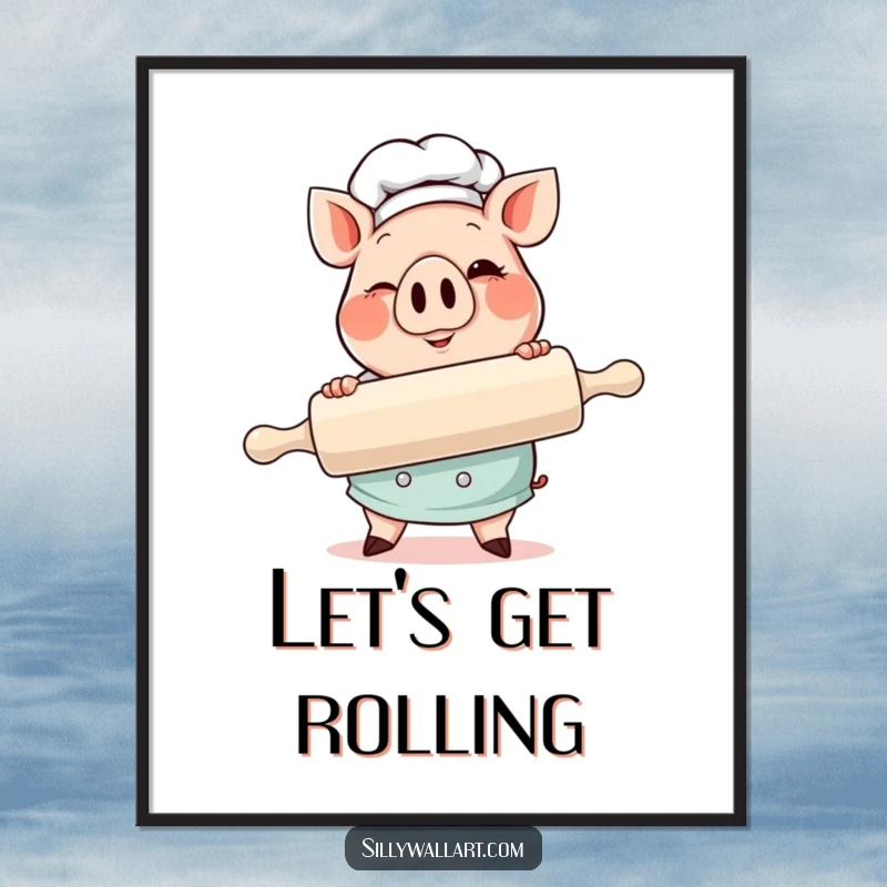 Funny Pig Chef Poster featuring a cheerful pig chef holding a large rolling pin and winking charmingly.