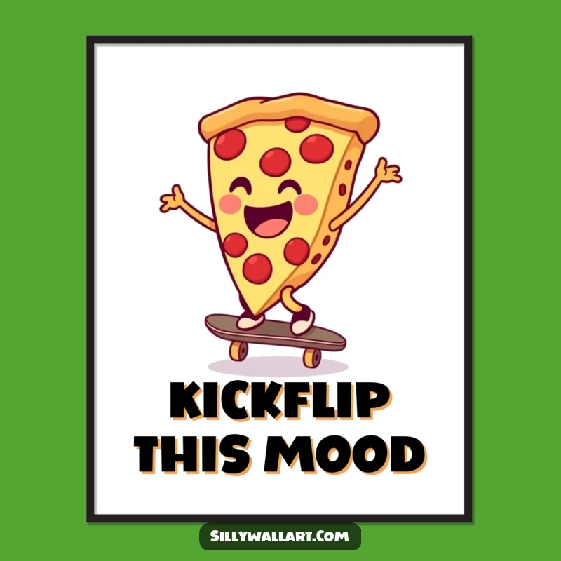 Funny Pizza Skateboarder Poster: Cheerful Slice Cartwheeling, Wall Art Decor