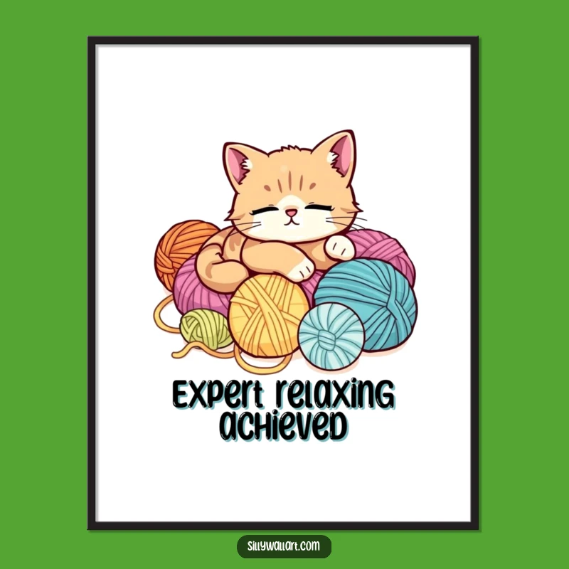Funny Relaxed Cat Art Print - Cozy Yarn Lover Wall Decor Gift