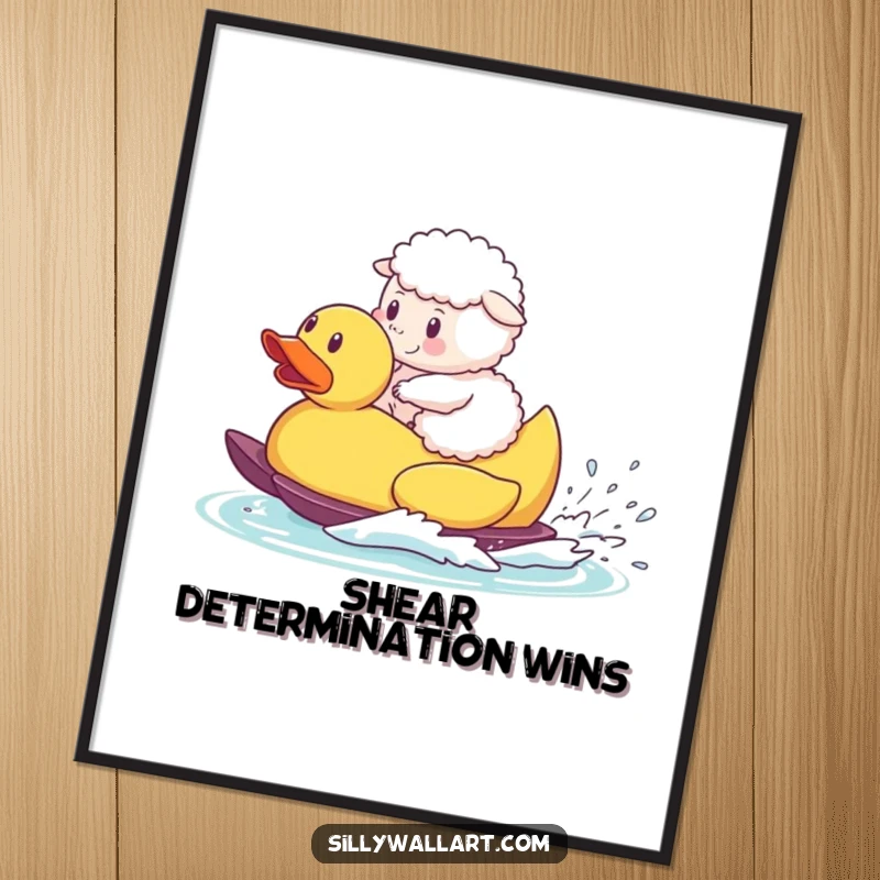 Funny poster, a fluffy sheep waterskiing on a giant rubber duck, evoking rural charm and humor.