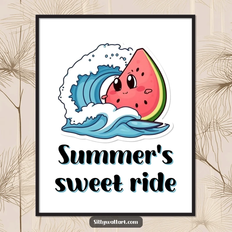 Funny watermelon slice with googly eyes, surfing a wave, presented as vibrant wall art poster.