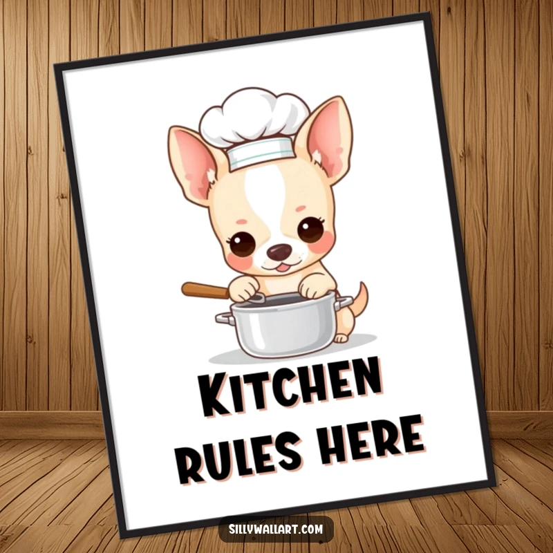 Funny poster print of a chihuahua in a chef hat, stirring a miniature pot. Humorous and charming culinary wall art.
